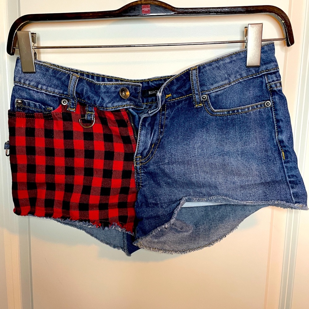 Denim booty shorts with plaid